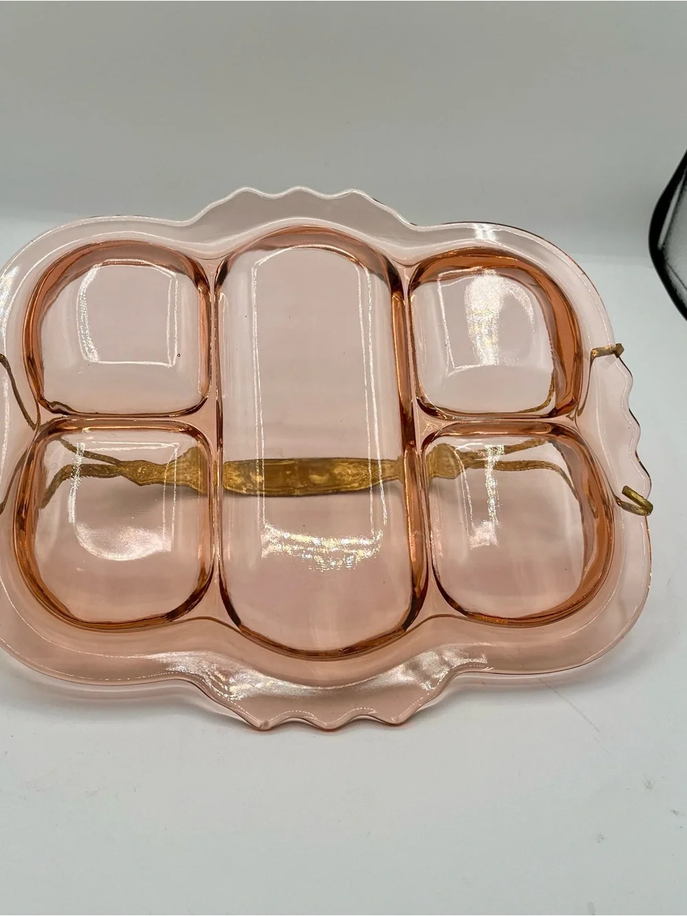 Vintage Pink Glass Divided Serving Tray with Handle from